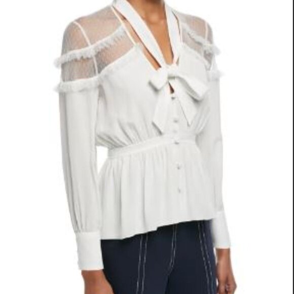 Cinq a Sept Tie-Neck Button-Up V-Neck Silk Peyton Blouse Long Sleeve Sz XS White - Picture 1 of 5